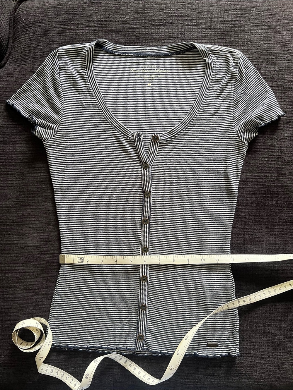 Abercrombie & Fitch Navy and White Striped Scoop-Neck Button Front Tee